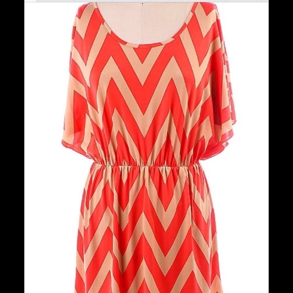 Chevron Zig Zag Print Batwing Dress Tan & Coral 96 - Picture 7 of 10
